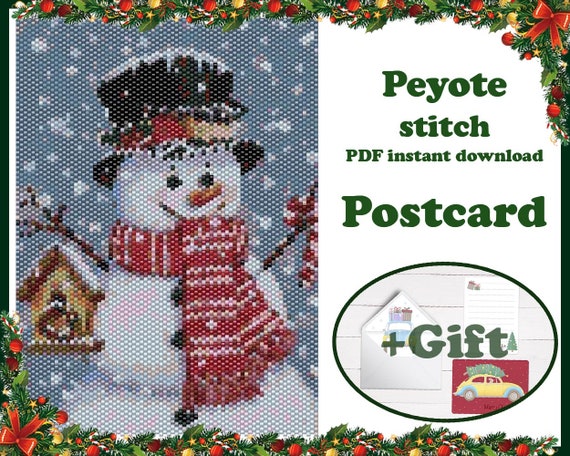 Preview of Christmas Postcard #18, Pattern for Beaded Postcard, Wall Art Peyote Pattern, Beaded Tapestry, for Miyuki Delica by BeadPatternShop