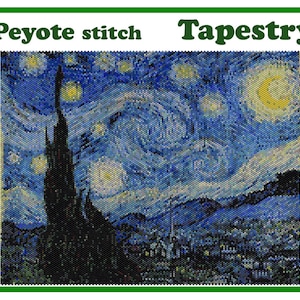 May include: A tapestry depicting Vincent van Gogh's "Starry Night" in a peyote stitch pattern. The tapestry features a swirling blue sky with a bright yellow moon and stars, a dark cypress tree, and a village in the distance.