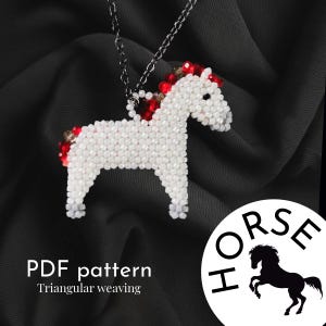 Colgante de caballo, joyería con cuentas, cuentas de semillas, patrón de cuentas con tejido triangular, caballo con cuentas, cuentas TOHO, descarga instantánea