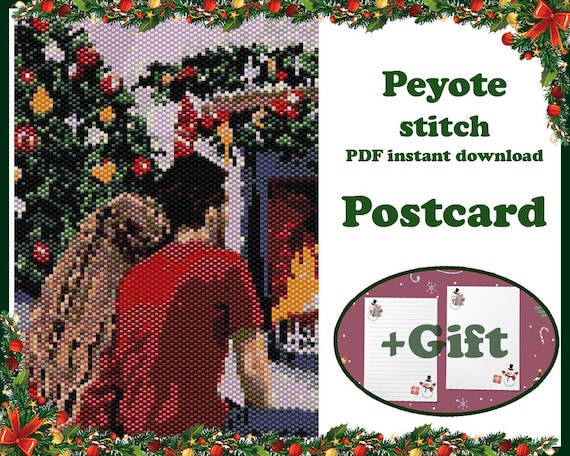 Preview of Christmas Postcard #28, Large Peyote pattern, Beaded Vintage Postcard, Beading Wall Art, Beadwork Tapestry, Peyote Bead Pattern by BeadPatternShop
