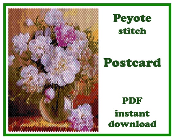 Preview of Beaded Postcard Flowers 8 | Large Peyote pattern | Beaded Vintage Postcard | Beading Wall Art | Beadwork Tapestry | Peyote Bead Pattern PDF by BeadPatternShop