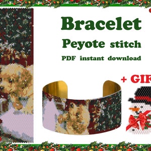 Christmas Puppy, Bracelet Pattern, Peyote Beading, Bracelet Cuff, Bead Pattern, Miyuki Delica, PDF Instant Download