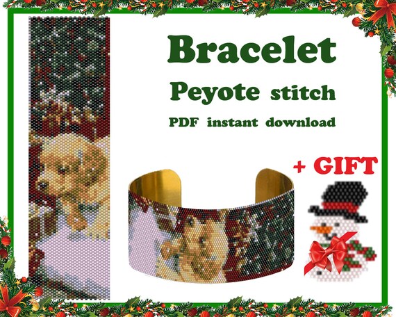 Preview of Christmas Puppy, Bracelet Pattern, Peyote Beading, Bracelet Cuff, Bead Pattern, Miyuki Delica, PDF Instant Download by BeadPatternShop