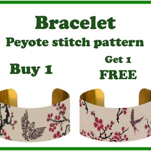 May include: Two beaded bracelets with a gold metal base. The bracelets feature a white background with a floral and bird design. The text "Buy 1 Get 1 FREE" is displayed on the image.