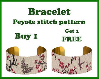 Buy 1 Get 1 FREE | Japanese Bird And Sakura Peyote pattern Beading Peyote Stitch Beadwork pattern Bracelet Peyote Peyote Bead Pattern PDF