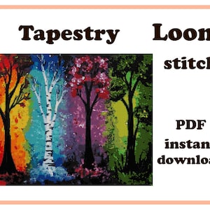 May include: A digital download PDF pattern for a tapestry loom stitch project. The pattern features a colourful abstract design of four trees with a rainbow background. The text "Tapestry Loom stitch" and "PDF instant download" is included in the image.