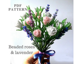 Beaded rose and Lavender: French Beaded Flowers pattern. Seed bead patterns. Beading tutorial