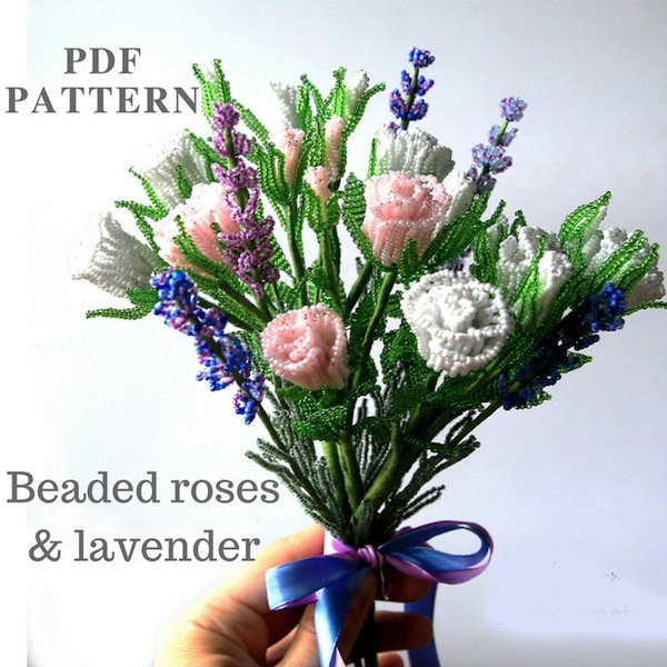 Rosa con cuentas y lavanda / Patrón de flores con cuentas francesas / / Patrones de cuentas de semillas / Tutorial de cuentas