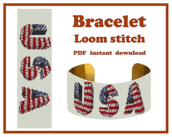 Preview of 4th July #16, Loom pattern, Beading Loom Stitch, Beadwork pattern, Loom Cuff Bracelet pattern by BeadPatternShop