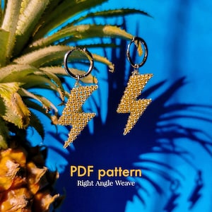 May include: A pair of gold beaded lightning bolt earrings with silver hoops. The earrings are hanging from a pineapple plant against a blue background. The text "PDF pattern Right Angle Weave" is at the bottom of the image.