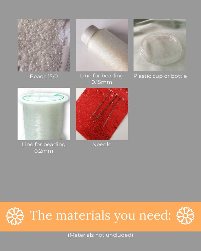 Materials needed for Luna Moth beading pattern: beads size 15/0, beading thread, needle, and plastic form (not included)
