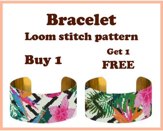 Preview of Buy 1 Get 1 FREE: Exotic Flowers #2, Loom Bracelet Pattern, Loom Beading Bracelet, Cuff Bead Pattern Miyuki Delica by BeadPatternShop