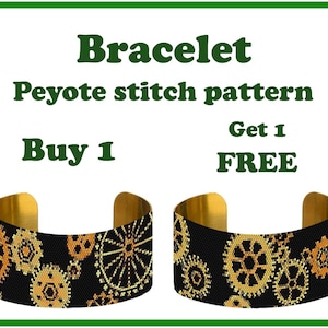 May include: Two gold metal bracelets with a black background and a pattern of gold gears. The text "Buy 1 Get 1 FREE" is written on the image.