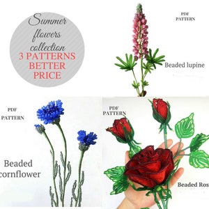 Beaded Lupine, rose and cornflower pattern | French Beaded Flowers pattern  | Beading tutorial | vicorian beaded flowers