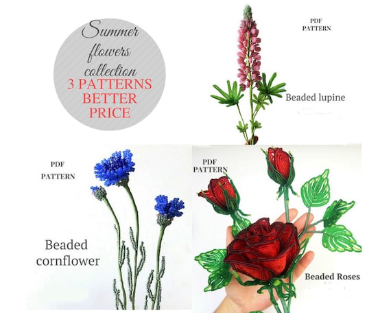 Preview of Beaded Lupine, rose and cornflower pattern | French Beaded Flowers pattern  | Beading tutorial | vicorian beaded flowers by BeadPatternShop