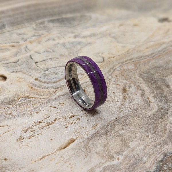 Handcrafted Stainless Steel Ring with Purple Dyed Box Elder Burl & Amethyst Inlay by John Clegg - Unique and Comfortable