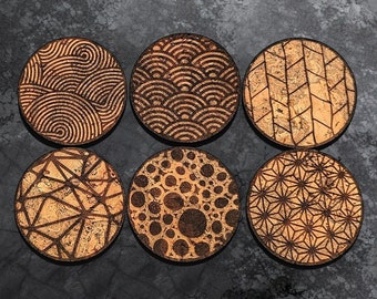 Set of Cork Coasters, Engraved - Geometric Pattern, 6 pcs.