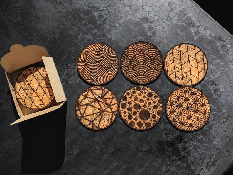 Set of Cork Coasters, Engraved Geometric Pattern, 6 pcs. zdjęcie 1