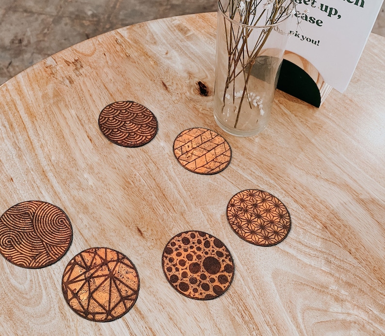 Set of Cork Coasters, Engraved Geometric Pattern, 6 pcs. zdjęcie 2