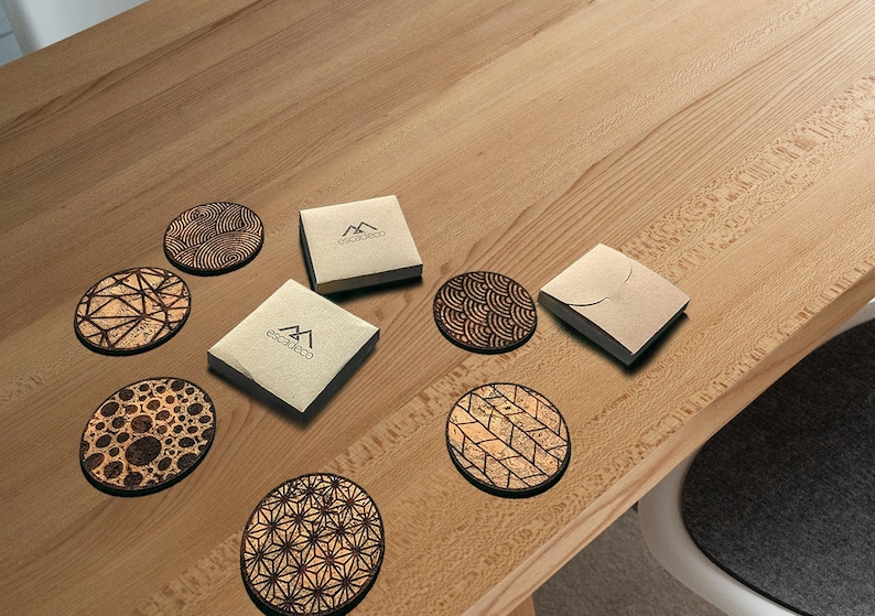 Set of Cork Coasters, Engraved Geometric Pattern, 6 pcs. zdjęcie 5