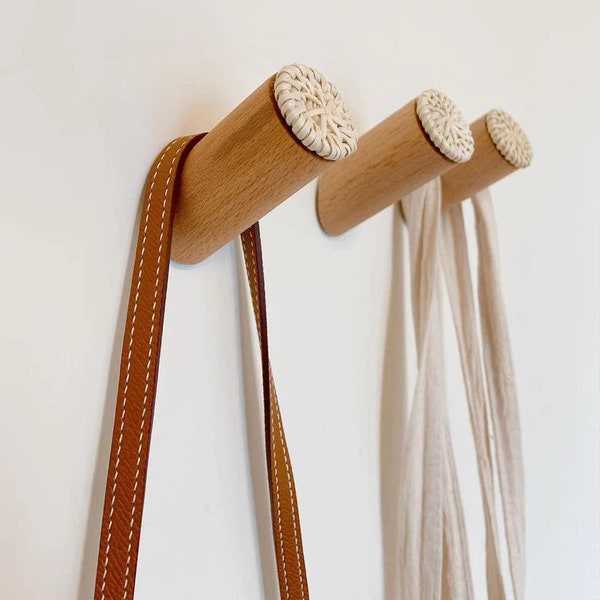 3pc Rattan Wood Wall Hooks, Wooden Hook for Hats, Scarfs, Bags, Clothes Hanger Organize (30mm x 60mm, Ivory)