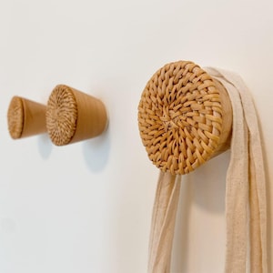 3 pcs Rattan (White or Brown) Wood Wall Hooks, Wooden Hook for Hats, Scarfs, Bags, Clothes Hanger Organize