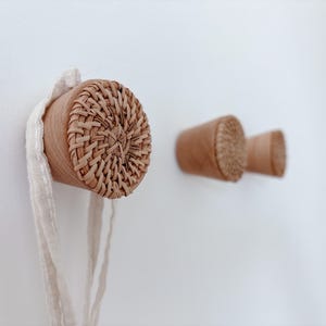 3PC Rattan Wood Wall Hooks (50mm x 60mm) Wooden Hook for Hats, Scarfs, Bags, Clothes Hanger Organizer (Brown or White)