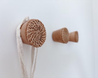 3 crochets muraux en bois de rotin (50 mm x 60 mm) crochets en bois pour chapeaux, écharpes, sacs, cintre organisateur (brun ou blanc)