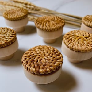 6 PCs Natural Caramel Rattan Boho Door Knobs for Drawer, Cabinet; Wicker Woven Pull Handles; Wicker Pulls