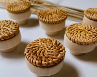 6 PCs Natural Caramel Rattan Boho Door Knobs for Drawer, Cabinet; Wicker Woven Pull Handles; Wicker Pulls