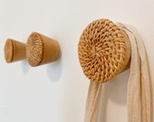 3 pcs Handmade Boho Rattan Wall Hooks, Rustic Wooden Hook for Hats, Scarfs, Bags, Clothes (Caramel or Ivory Rattan)