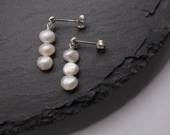 Silver baroque pearl earrings, 925 sterling silver stud earrings, 3 pearl earrings, Wedding earrings, Bridesmaid gifts