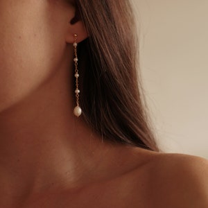 Tiny long pearl earrings, Gold pearl bridal earrings, Dainty pearl earrings, Wedding long chain earrings, Long bridal earrings
