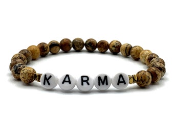 Bracelet yoga - bracelet pierres naturelles - Karma, perles de jaspe dalmatien, bracelet pierres naturelles marron jaspe, pour femme et homme, bracelet porte-bonheur