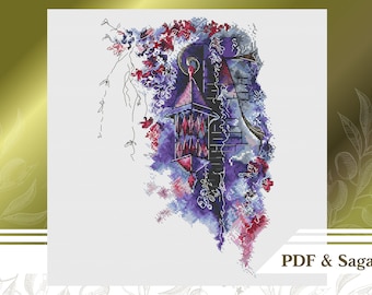 Lantern cross stitch pattern PDF, Street lamp counted cross stitch chart instant download, Floral hand embroidery pattern