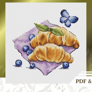 Croissants cross stitch pattern PDF, Kitchen cross stitch chart instant download, France embroidery pattern