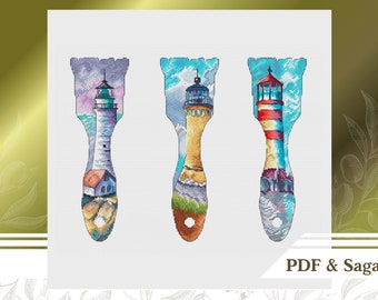 Lighthouse cross stitch patterns set PDF, Watercolor cross stitch chart, Landscape embroidery patterns