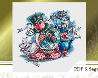 Alice no país das maravilhas padrão de ponto cruz PDF, gráfico de ponto cruz de conto de fadas download instantâneo, padrão de bordado Alice