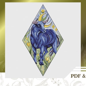 Patrón de puntada cruzada de toro azul PDF, gráfico de puntada cruzada del horóscopo descarga instantánea, decoración de la pared del ganado
