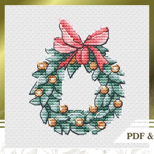 Christmas wreath cross stitch PDF, Ornament cross stitch chart, Easy Christmas hand embroidery pattern