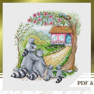 Large family сross stitch pattern PDF, Woodland сross stitch chart instant download, Housewarming hand embroidery pattern
