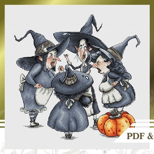 Witch сross stitch pattern PDF, Funny Halloween сross stitch chart instant download, Pumpkin cross stitch pattern