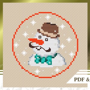 Snowman cross stitch pattern PDF, Ornament counted cross stitch chart, Christmas hand embroidery pattern