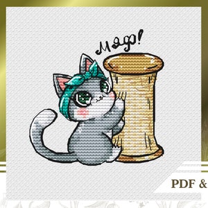 Cat cross stitch pattern PDF for beginners, Kawaii cross stitch pattern instant download, Small embroidery pattern