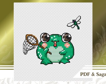 Frog cross stitch pattern PDF for beginners, Kawaii cross stitch chart instant download, Cute baby embroidery pattern