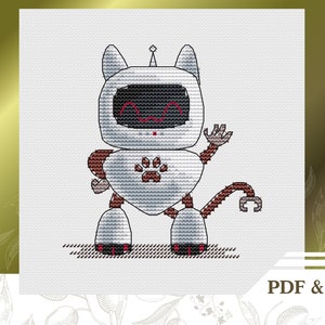 May include: White robot cat with red eyes and a paw print on its chest. The robot has a brown tail and is waving with one arm.
