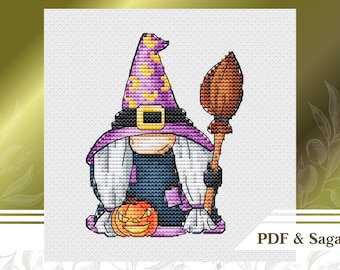 Può includere: Uno schema di ricamo a punto croce di un gnomo strega viola e giallo con una scopa e una zucca.  PDF & Saga.