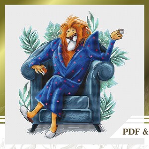 Lustiger Löwe Kreuzstichmuster PDF, Tiere Kreuzstichvorlage, Geschenk für Teeliebhaber DIY