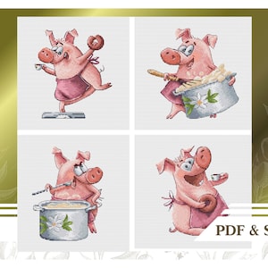 Set of four сross stitch patterns with a cute pig cook, PDF instant download, for beginners