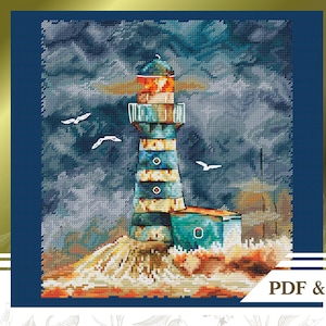 Lighthouse cross stitch pattern PDF, Landscape cross stitch chart instant download, Night embroidery pattern